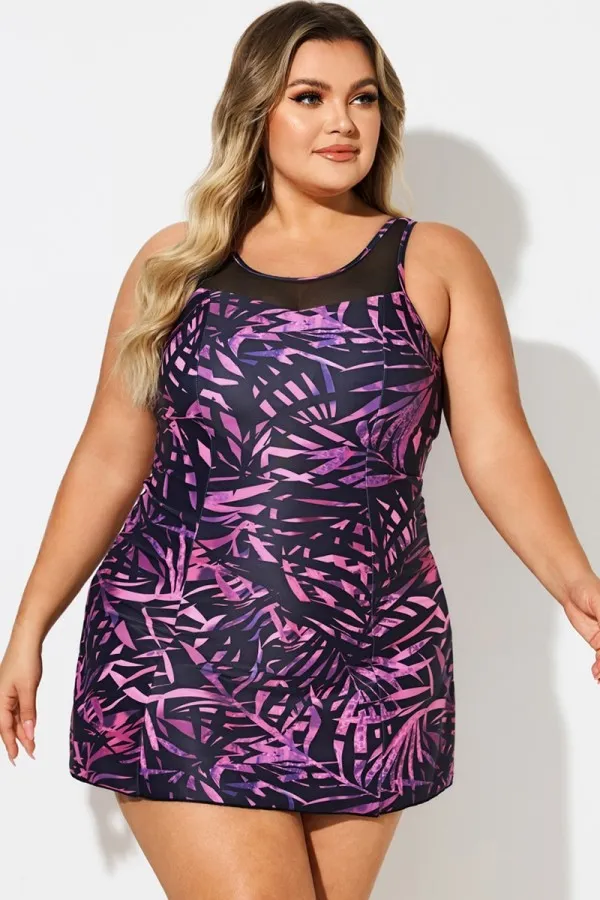 Multi Abstract Print Mesh High Neck Swimdress