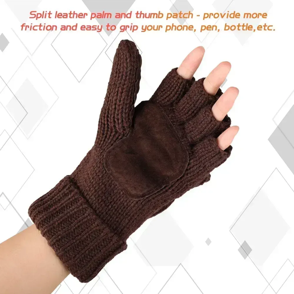 Bodvera Thermal Insulation Fingerless Texting Wool Gloves for Women and Men Winter Warm Knitted Convertible Mittens Flap