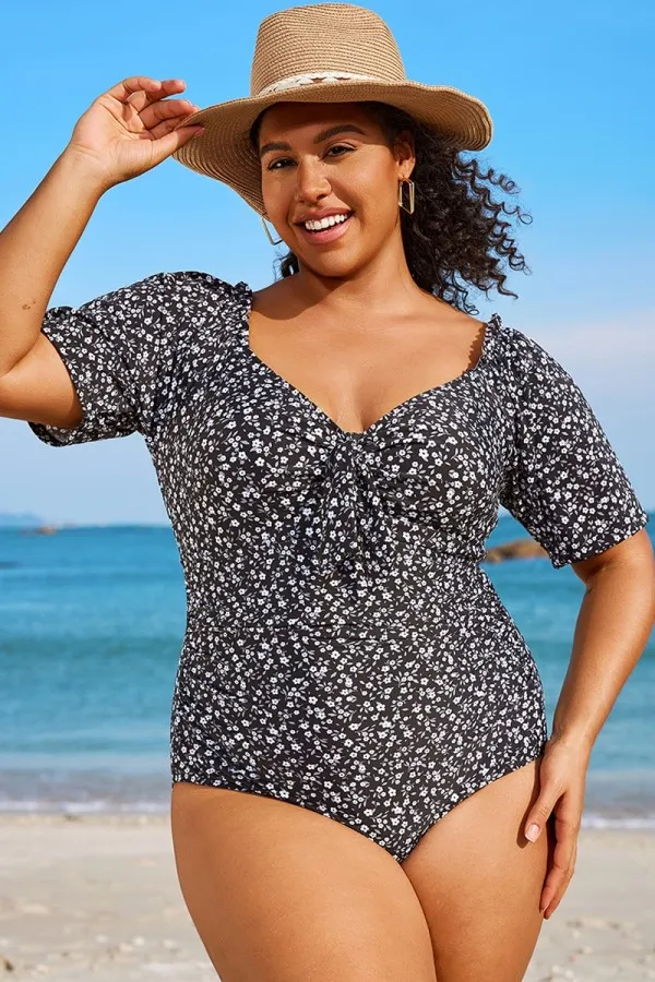 Floral Printed Short Sleeve One Piece Swimsuit