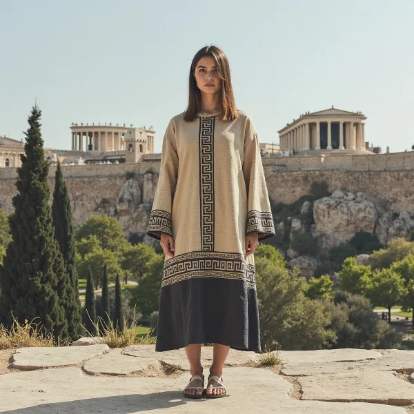Retro Classic Greek Ethnic Graphics Crew Neck Linen Blend Maxi Dress