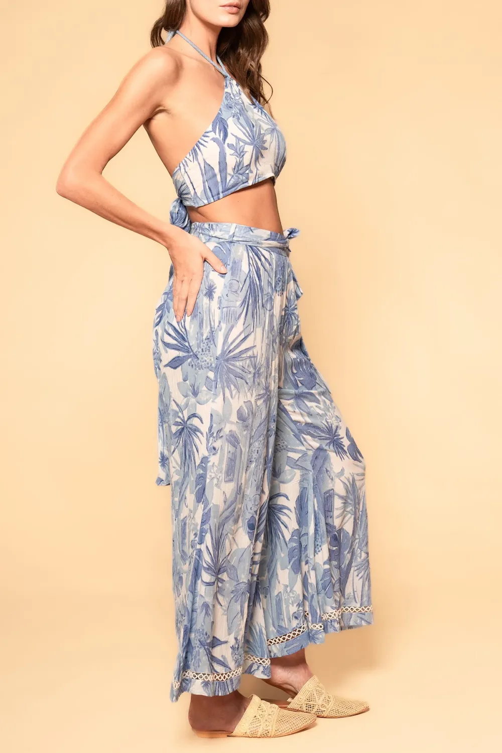 Blue And White Palm Print Wide Leg Pants