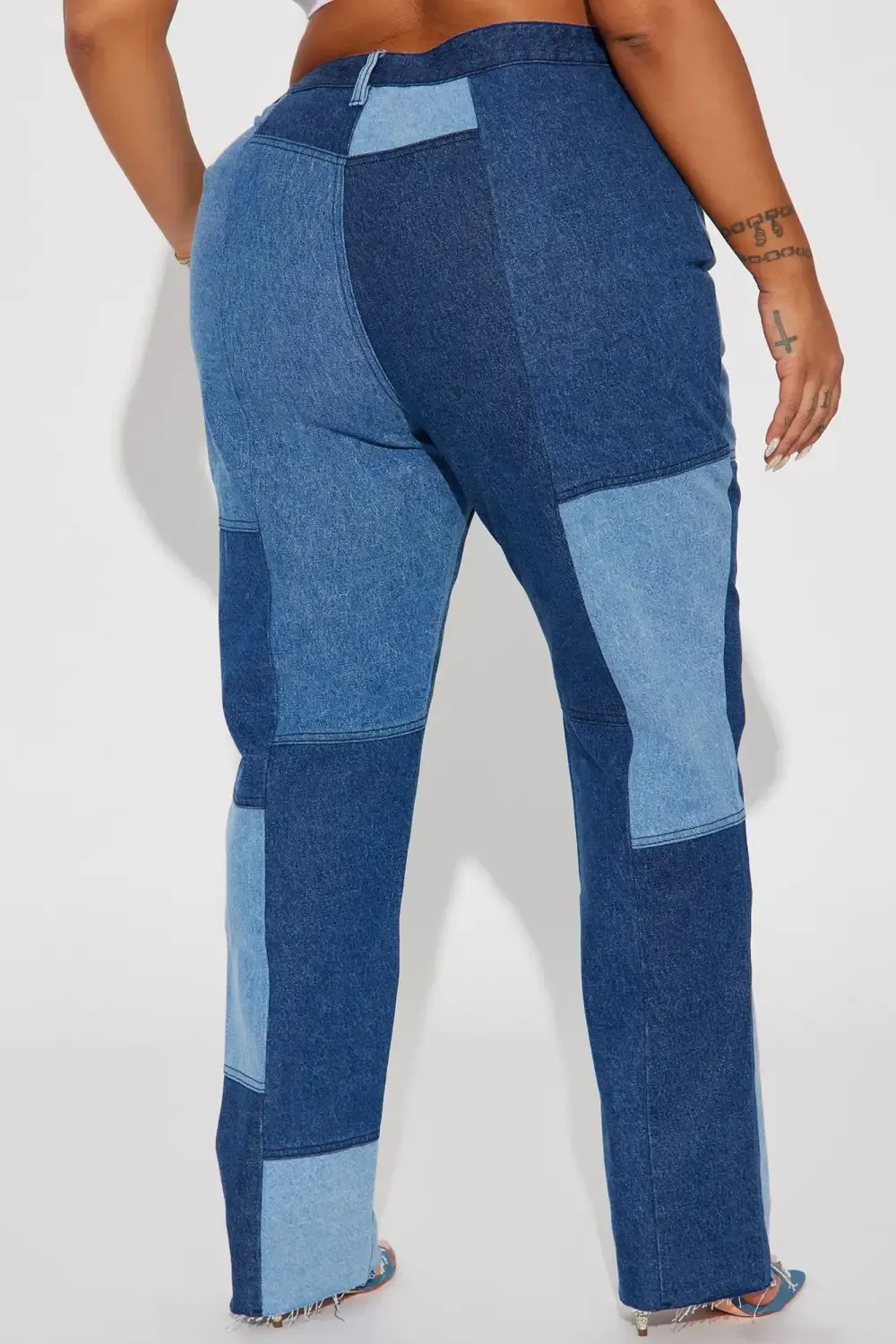 Hey Girl Patchwork Straight Leg Jeans - Blue Wash