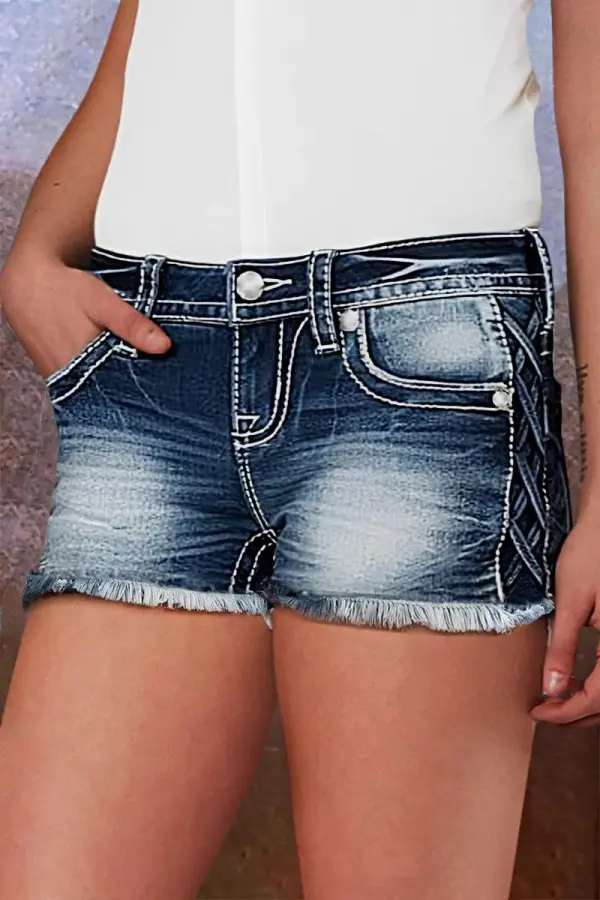 Criss Cross Raw Hem Low Waist Denim Shorts