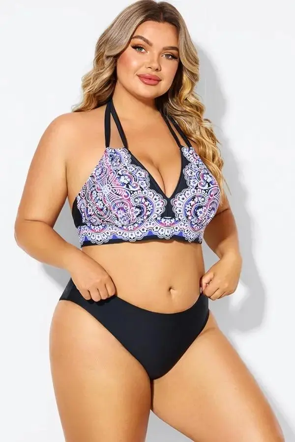 Printed Self-tie Halter Straps Bikini Top