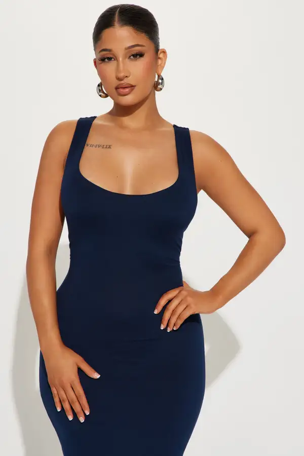 Double Scoop Midi Dress - Navy Blue