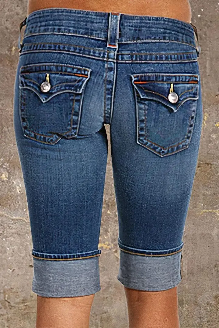 Button Up Flap Pocket Roll Hem Low Rise Denim Bermuda Shorts