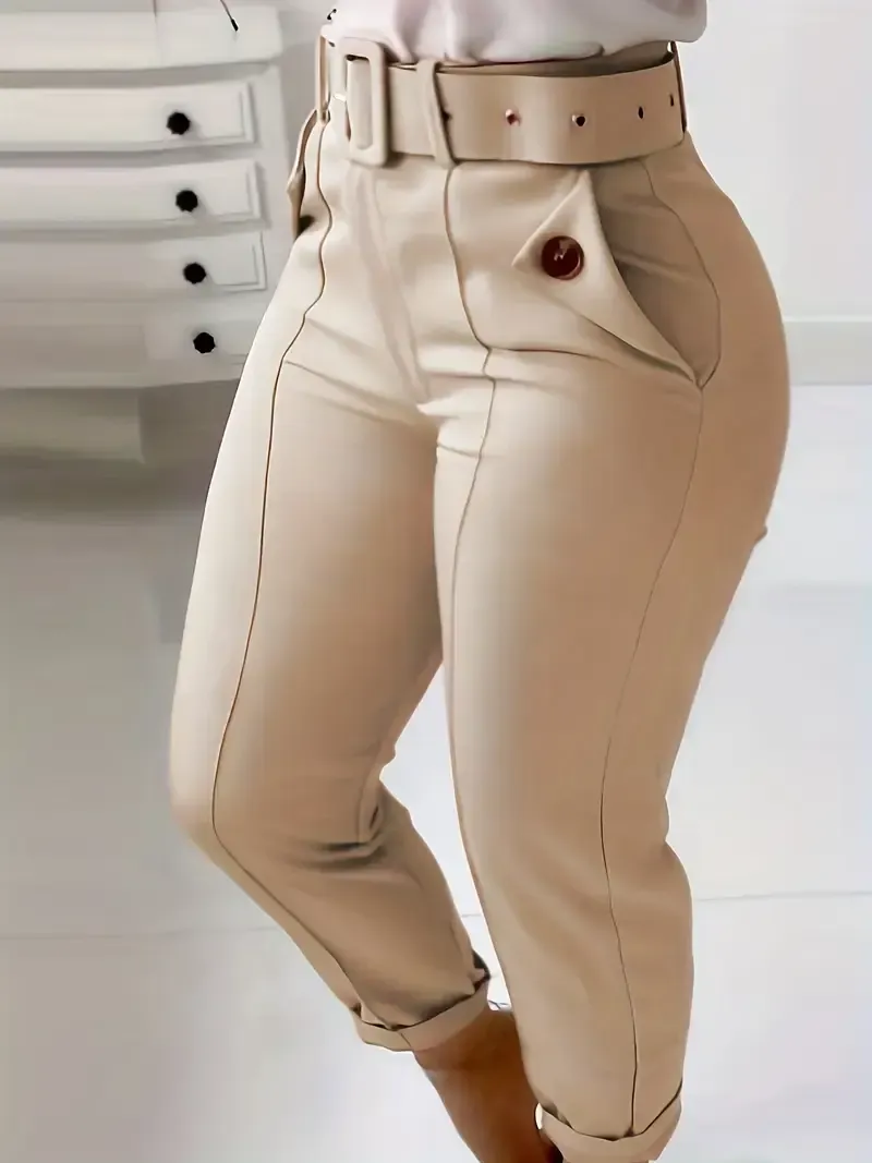 Skinny Leggings Pants - Solid Belted, Slant Pocket Button, Casual Every Day - Women's Clothing