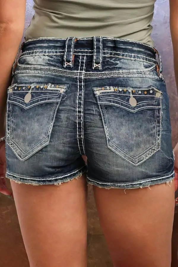 Wash Rhinestone Decor Flap Pocket Low Waist Denim Shorts