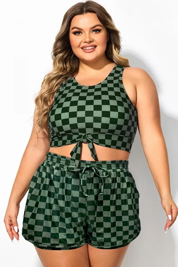 Plus Size Green Check Mid Waist Women Shorts