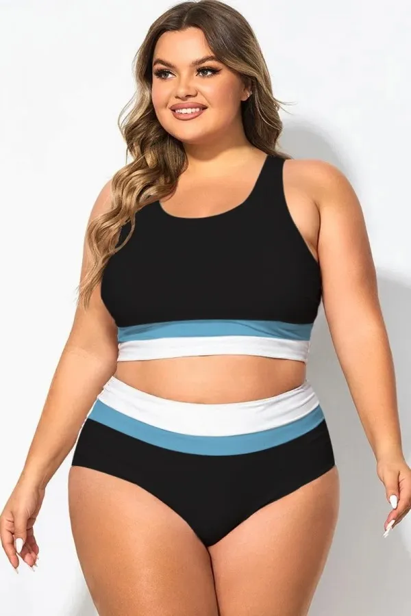 Plus Size Round Neck Black & Blue Patchwork Bikini Top