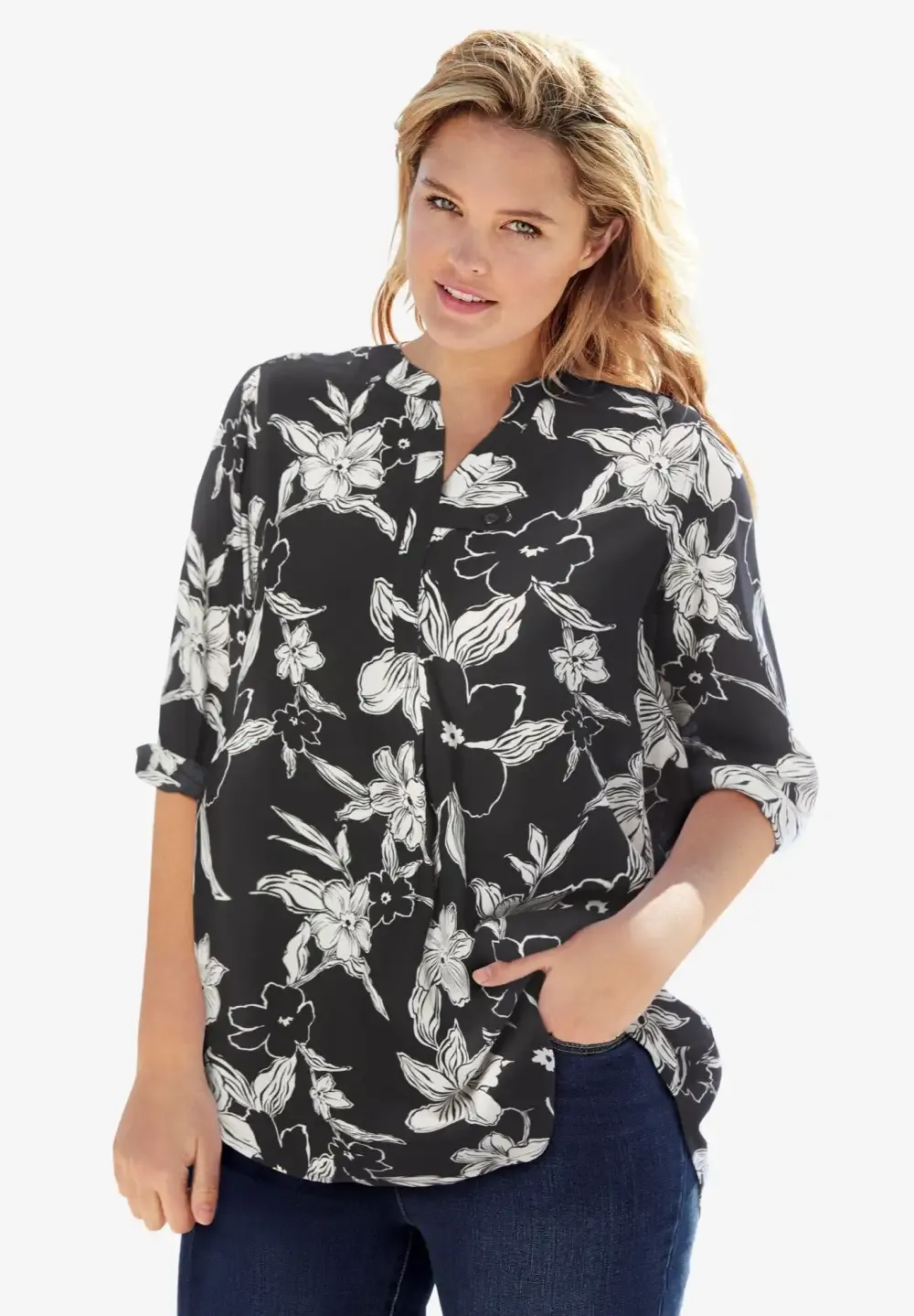 Rayon 7-Day Three-Quarter Sleeve Tab-Front Tunic