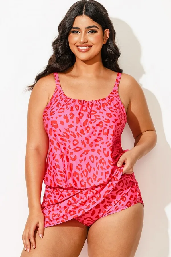 Plus Size Pink Leopard Print Blouson Tankini Top