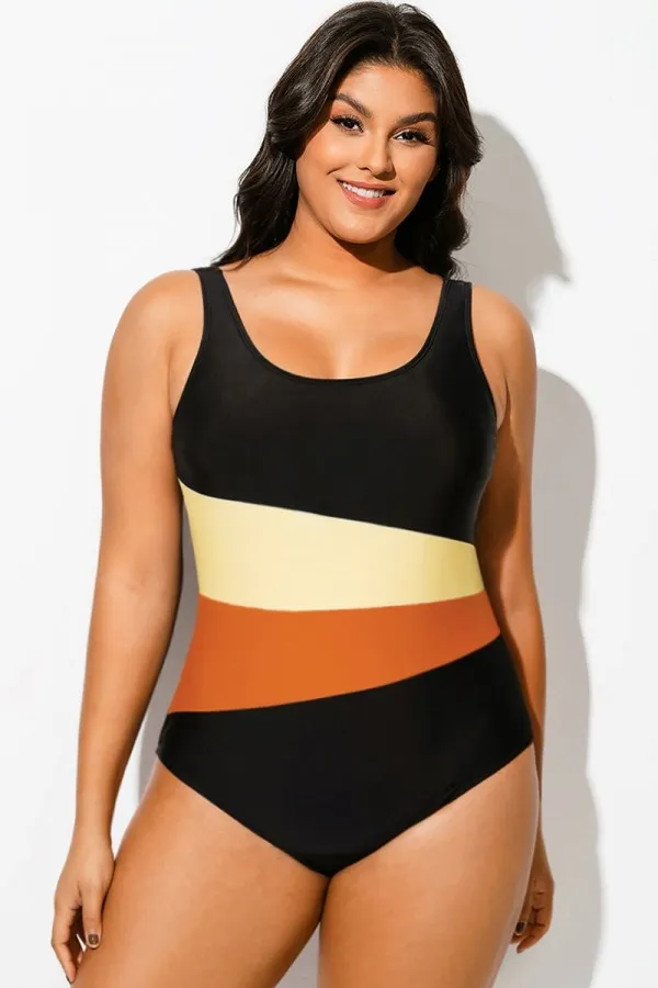 Plus Size Patchwork Push Up One Piece Swimsuit