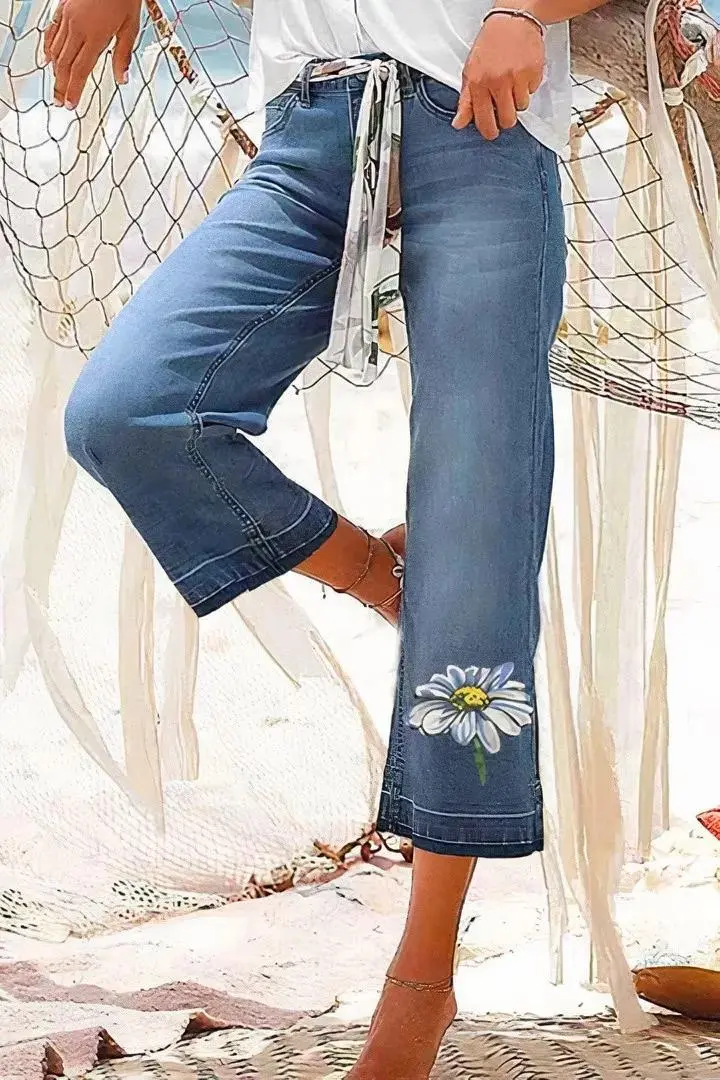 Floral Pattern Crop Mid Rise Wide Leg Jeans Without Belt