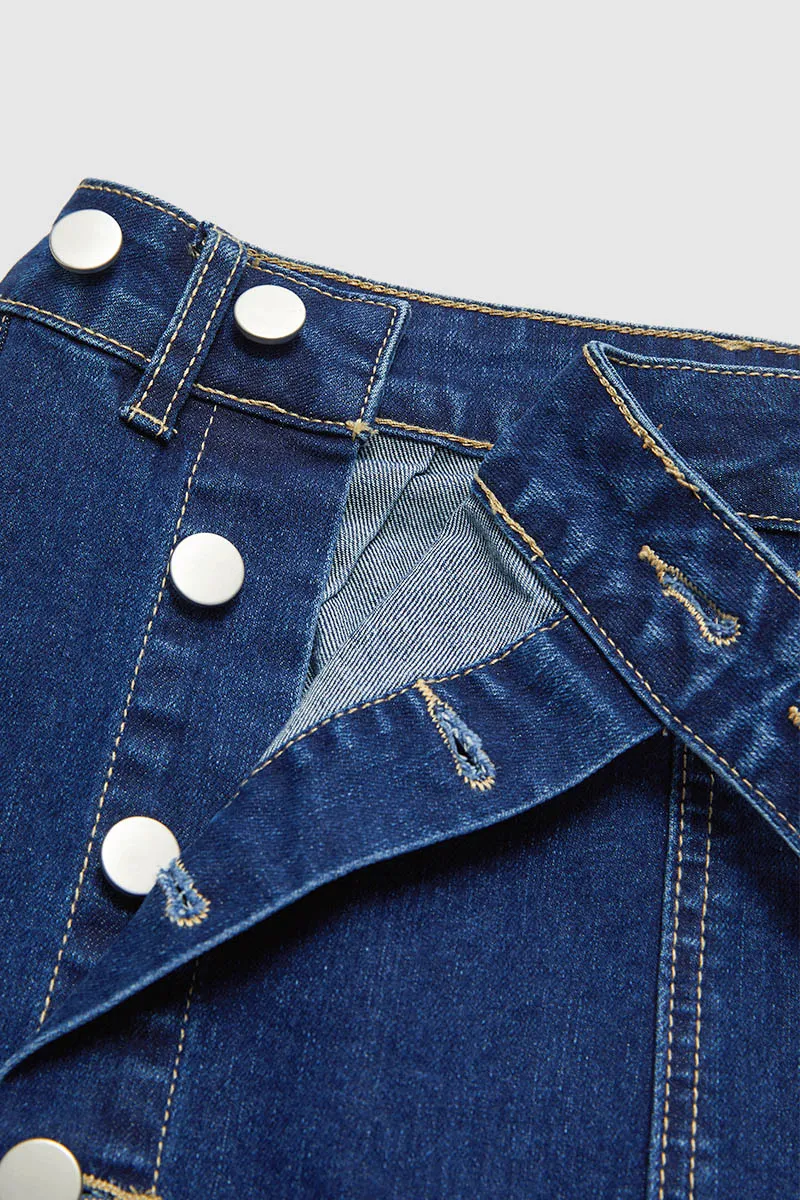 Button Fly Split Mid Waist Midi Denim Skirt