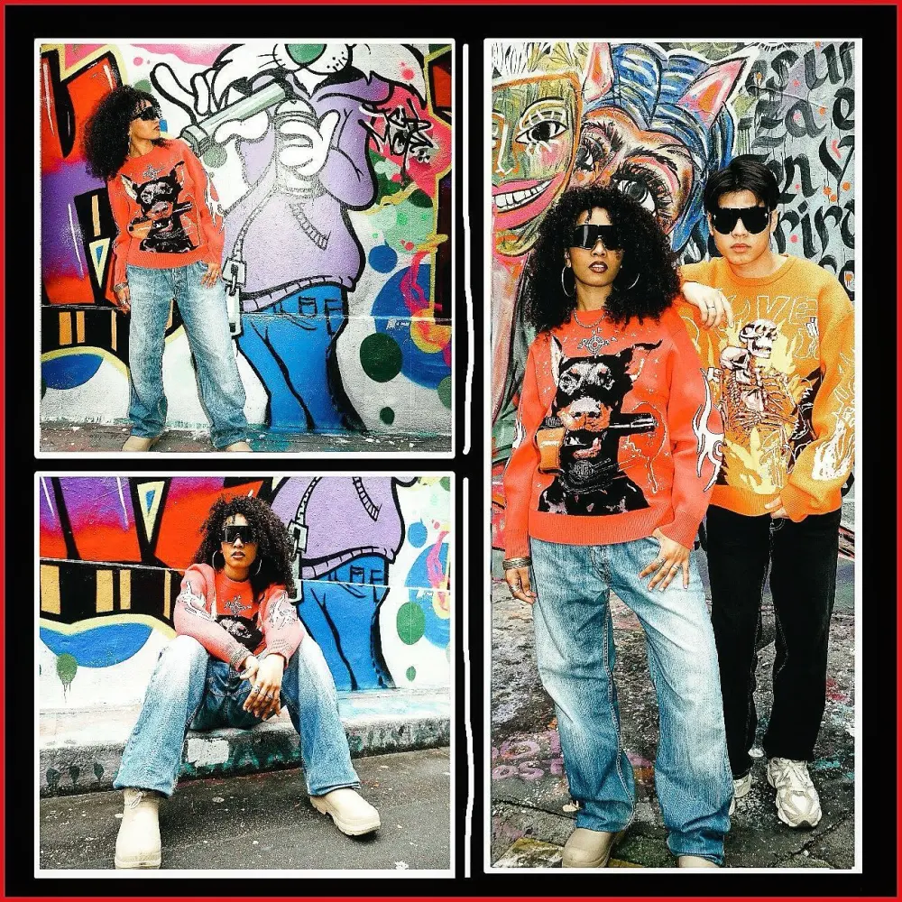 Couple Two Piece Orange and Yellow Sweater Renaissance Street Wear Fashion Printing Seasonal Trend Special Design