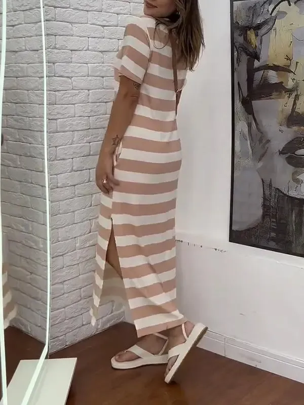 Women's Casual Round-neck Striped Short-sleeved Dress