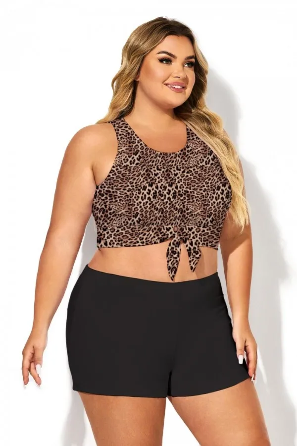 Leopard Print Knotted Crop Bikini Top