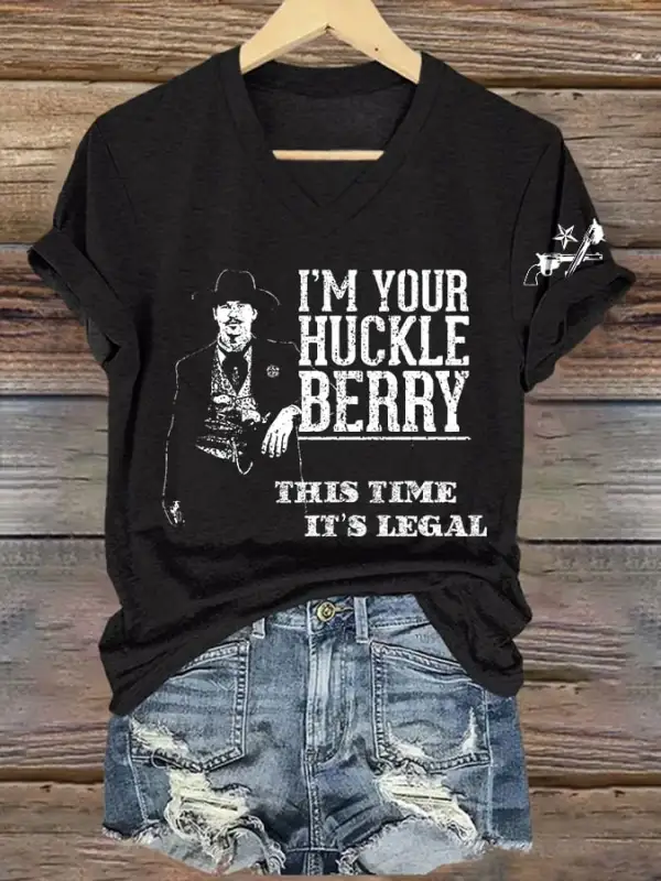 V-Neck Retro I'm Your Huckleberry This Time It's Legal Print T-Shirt