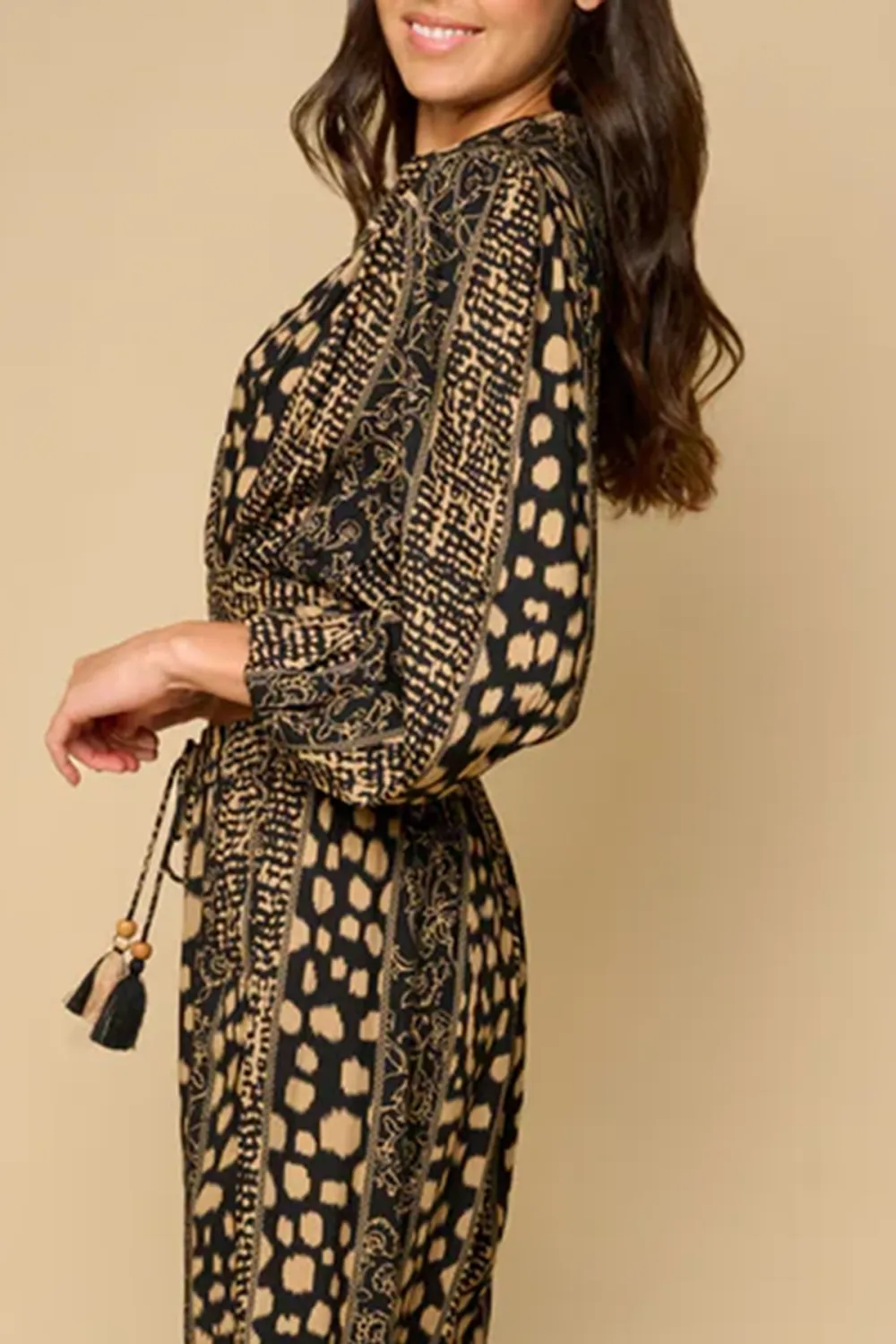 Brown And Black Geometric Print Crop Top And Pants Set