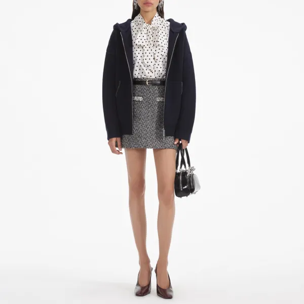 Navy Knit Diamante Trim Hoodie