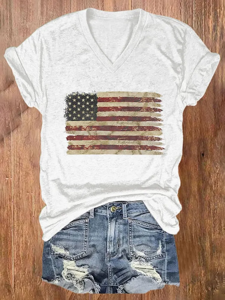 Women'S National Flag Pattern Print V-Neck Short-Sleeved T-Shirt