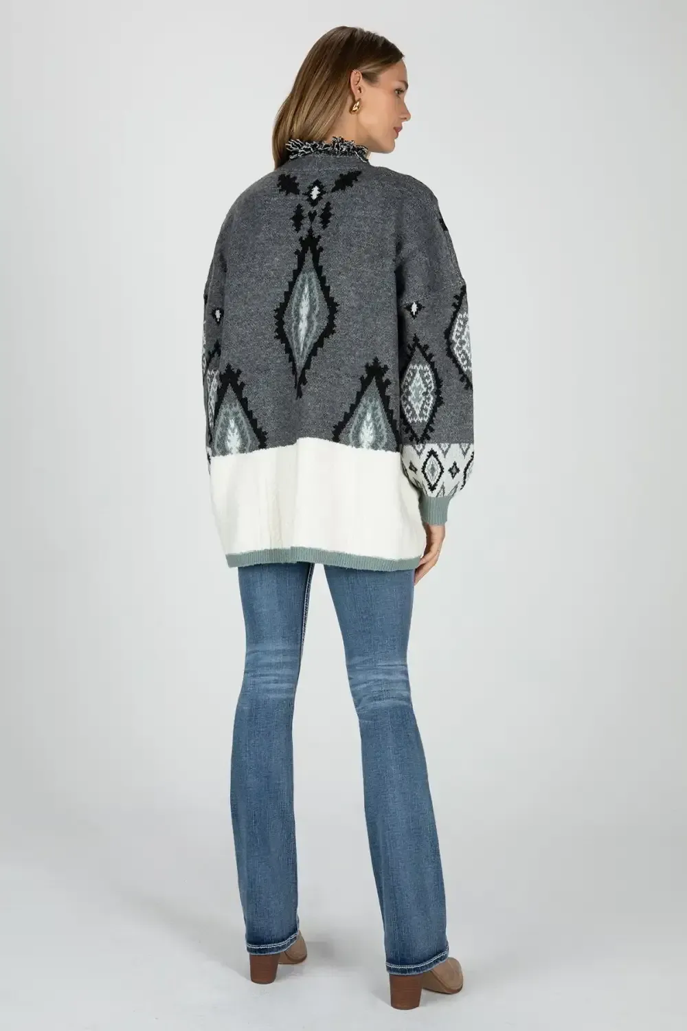 Sweater Block Open Front Aztec Cardigan