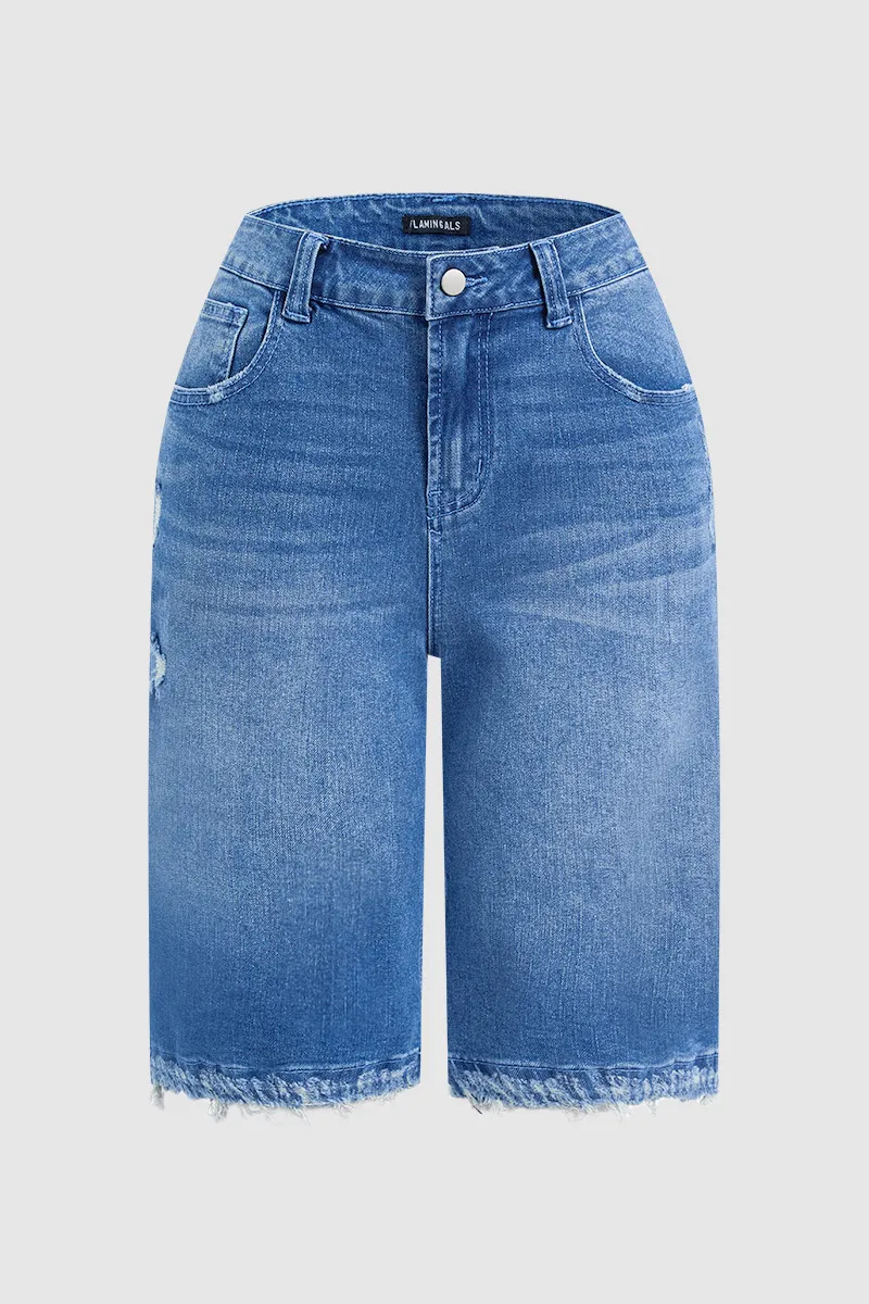 Wash Raw Hem Ripped Mid Waist Straight Leg Denim Bermuda Shorts