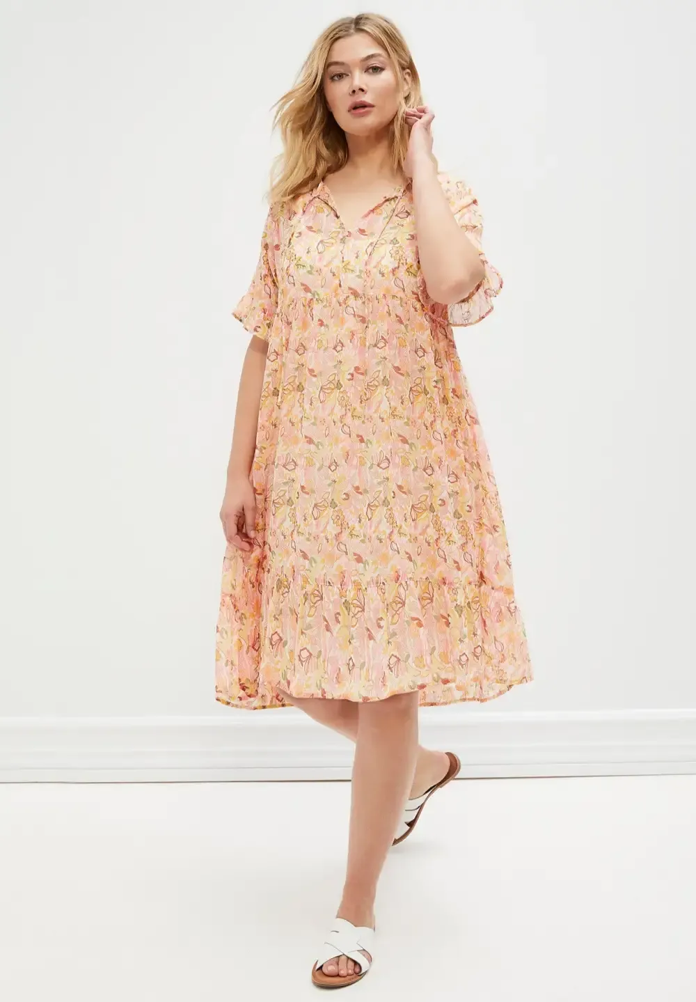 Sheer Ruffle Trim Dress With Keyhole Neckline