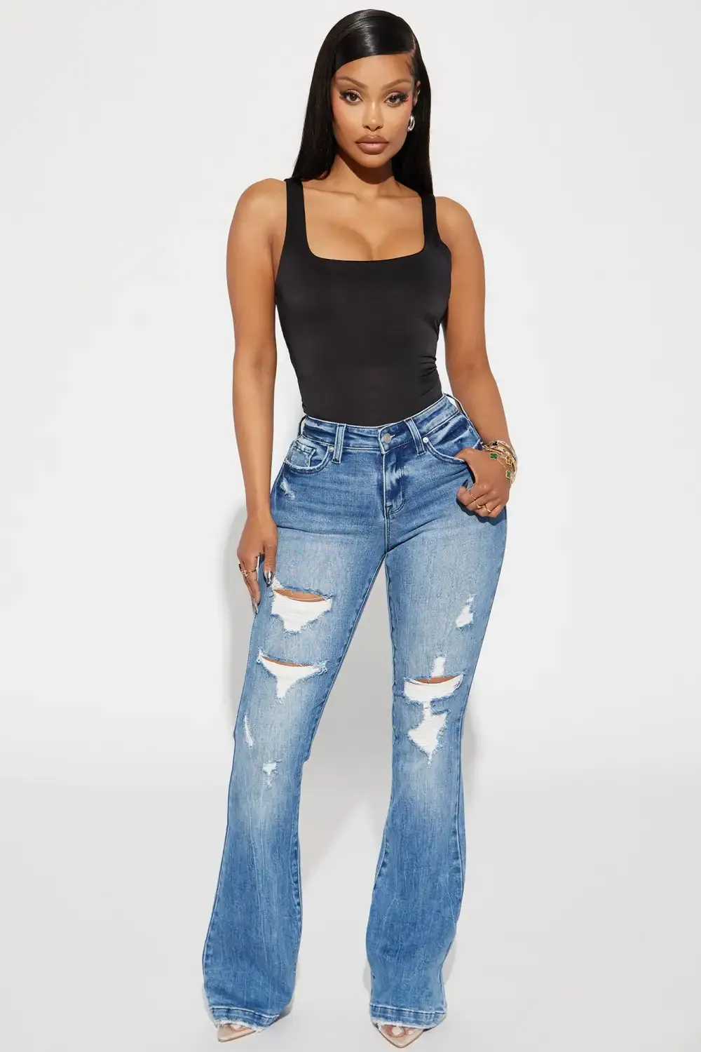 Marley Ripped Compression Flare Jeans - Medium Wash
