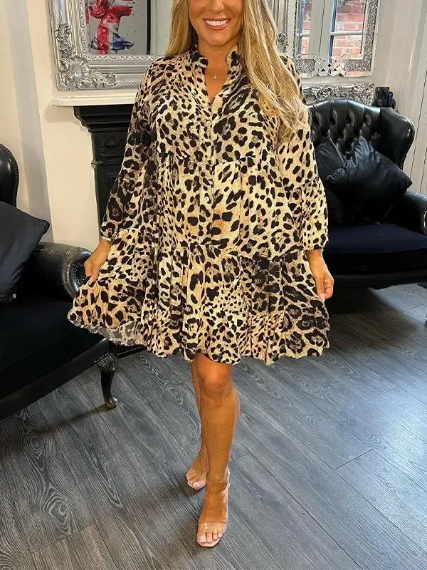Women's V-neck Half-button Leopard Print Short Dress