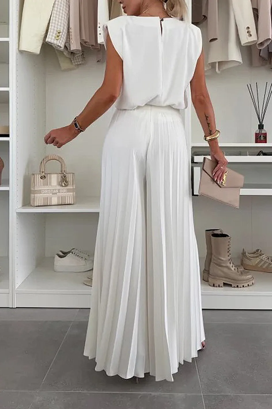 Women'S Stylish Casual Comfortable Top And Pleated Wide Pants Two-Piece Set