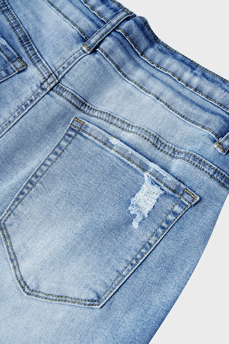 Wash Ripped Roll Hem High Rise Denim Shorts