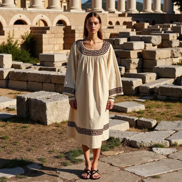 Vintage Classic Greek Key Crew Neck Cotton Blend Mixi Dress