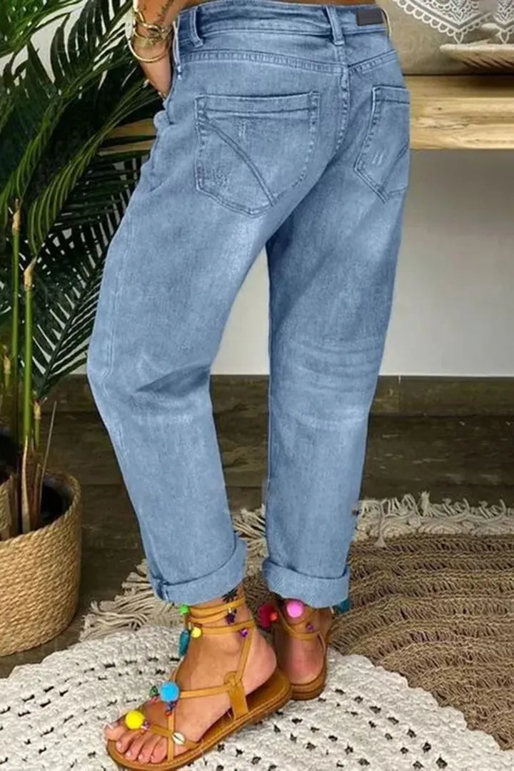 Wash Ripped Button Fly Low Waist Straight Leg Jeans