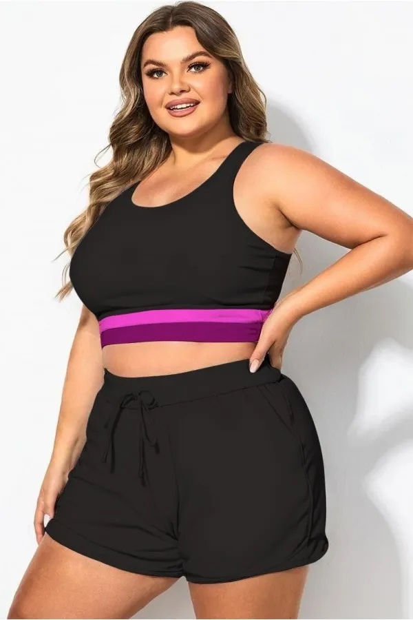 Plus Size Round Neck Colorblock Patchwork Bikini Top