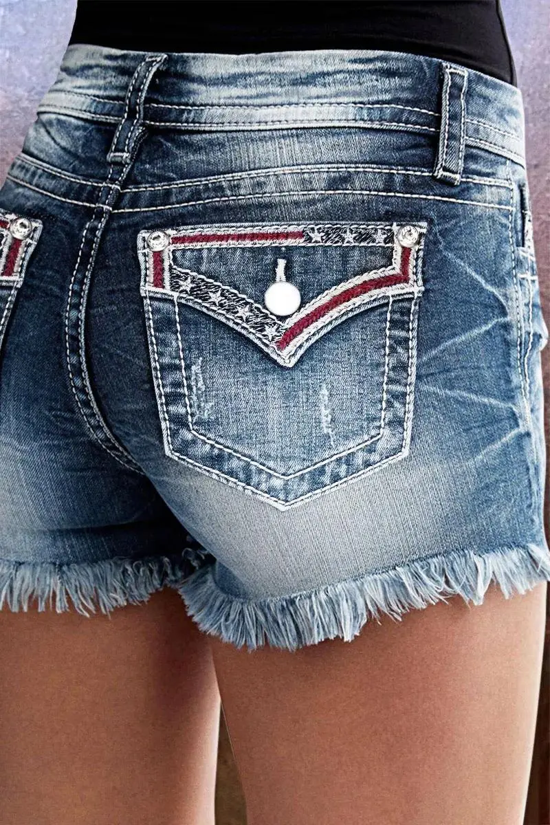 Star Embroidered Raw Hem Mid Rise Denim Shorts