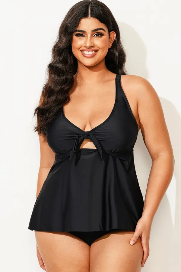 Black Sexy Tie Front Underwire Tankini Top