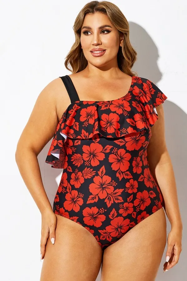 Red Floral Print Flounce Panel One Piece Swimsuit