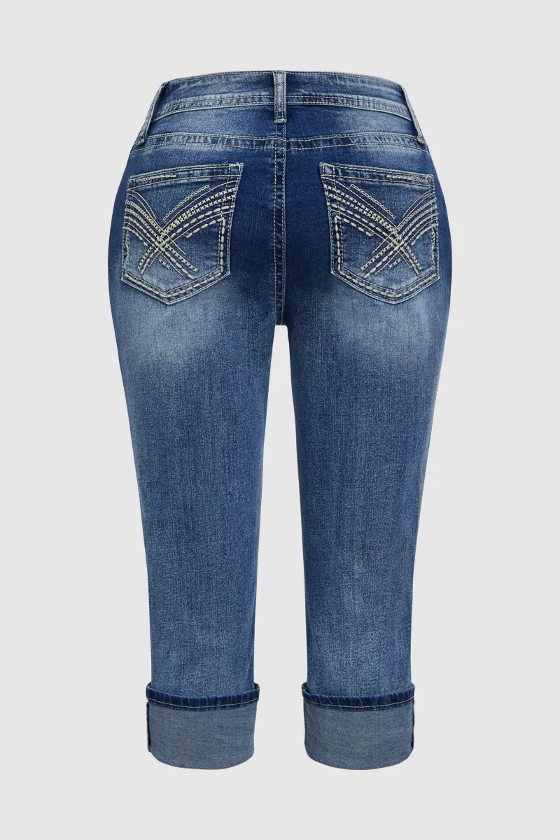 Stitch Detail Wash Stretchy Low Waist Capri Jeans