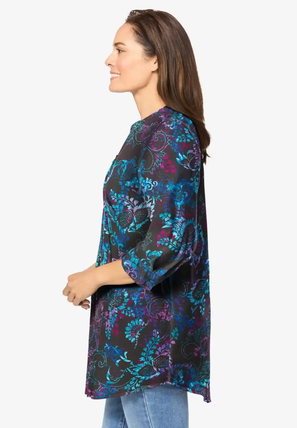 Rayon 7-Day Three-Quarter Sleeve Tab-Front Tunic
