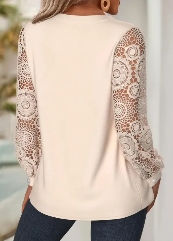 Beige Embroidery Long Sleeve Split Neck Blouse
