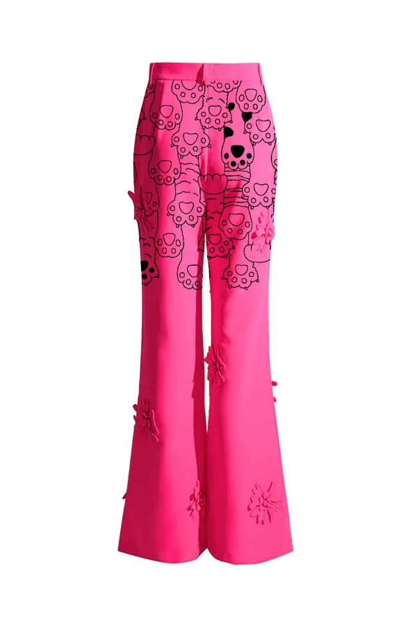 Smart Monochrome Rosette Applique High Waisted Flare Leg Tailored Pants