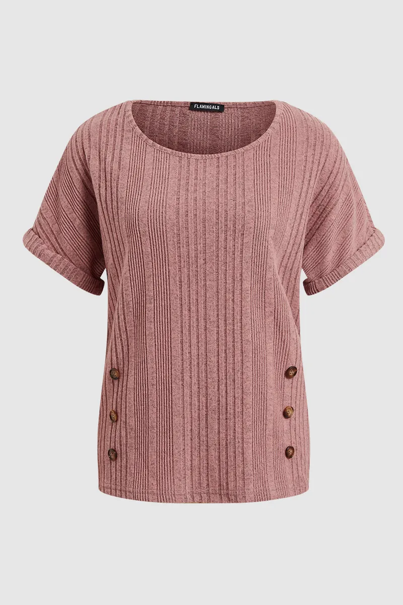 Solid Rib-Knit Decorative Button Short Dolman Sleeve T-Shirt