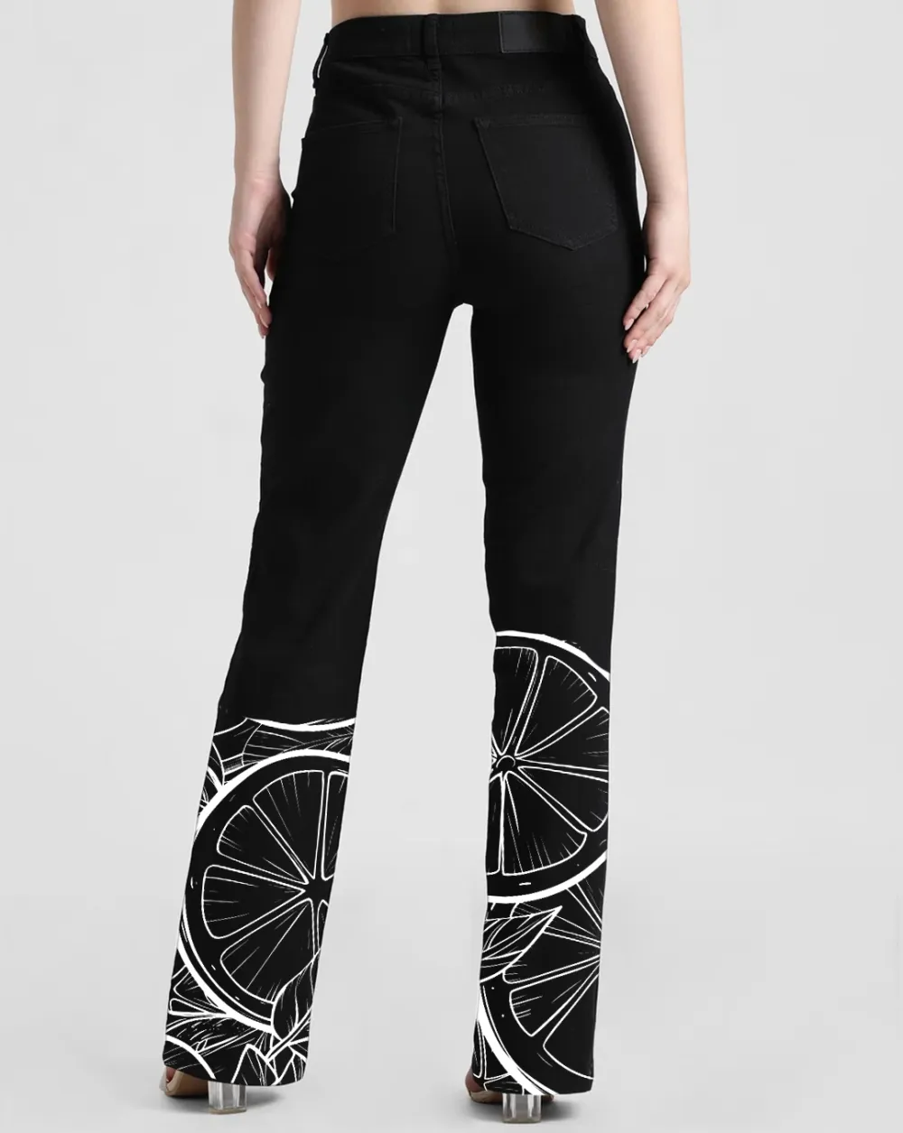 Black High Rise Flared Jeans with White Geometric Print