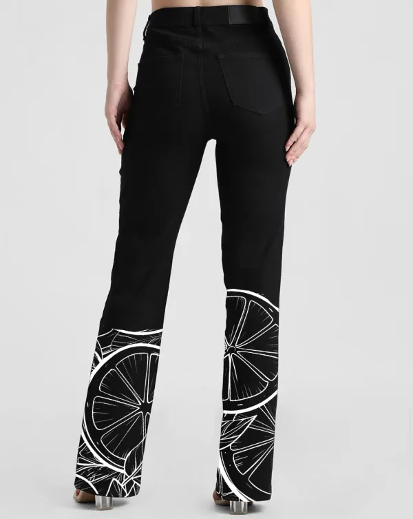 Black High Rise Flared Jeans with White Geometric Print