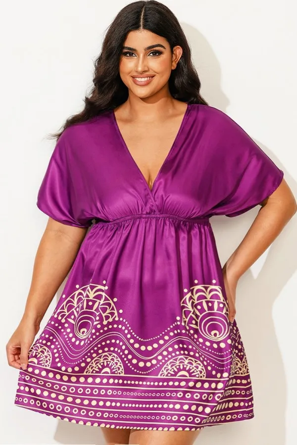 Purple Elastic Waistband V-Neck Cover Up Dress