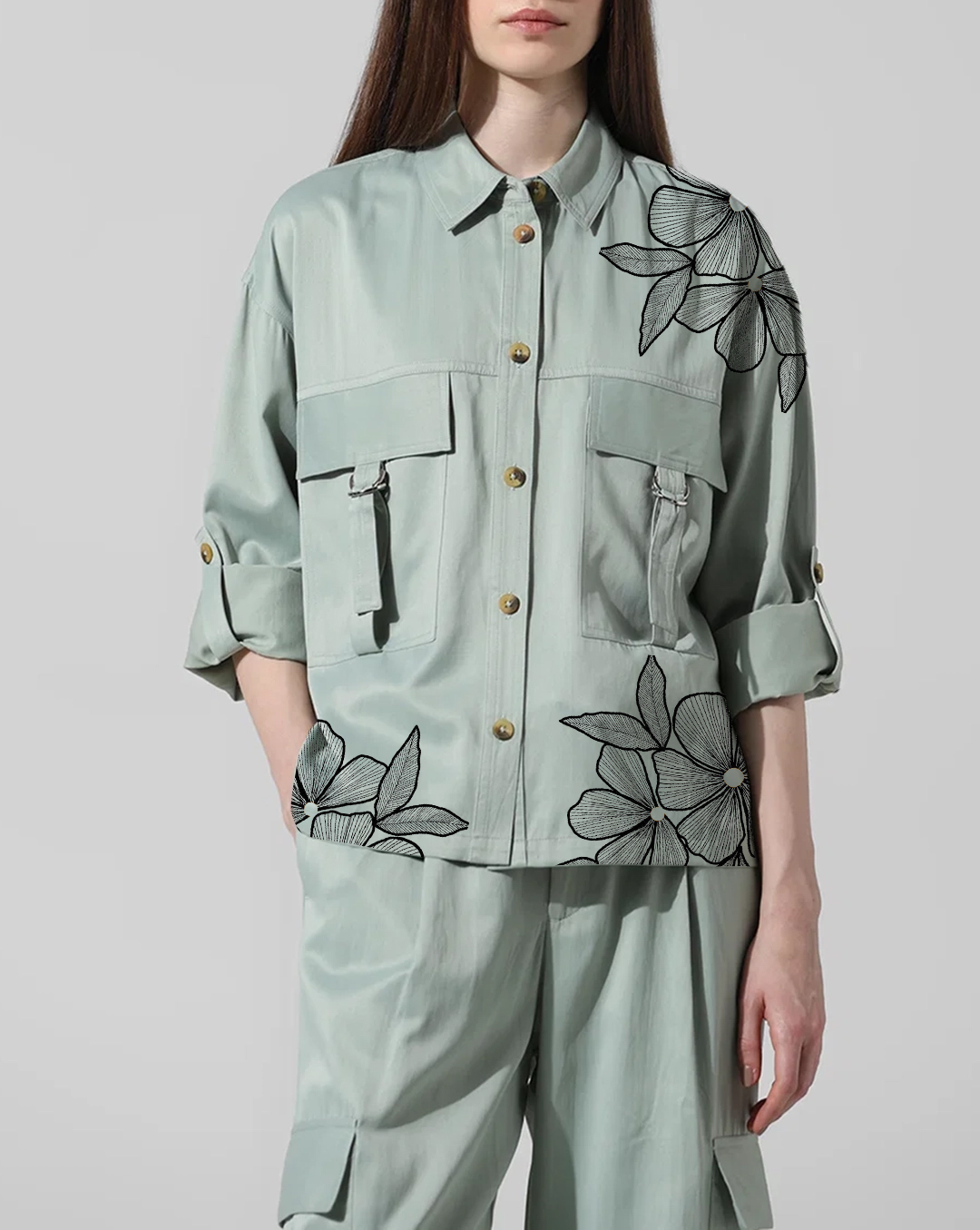 Light Green Floral Embroidered Utility Style Shirt