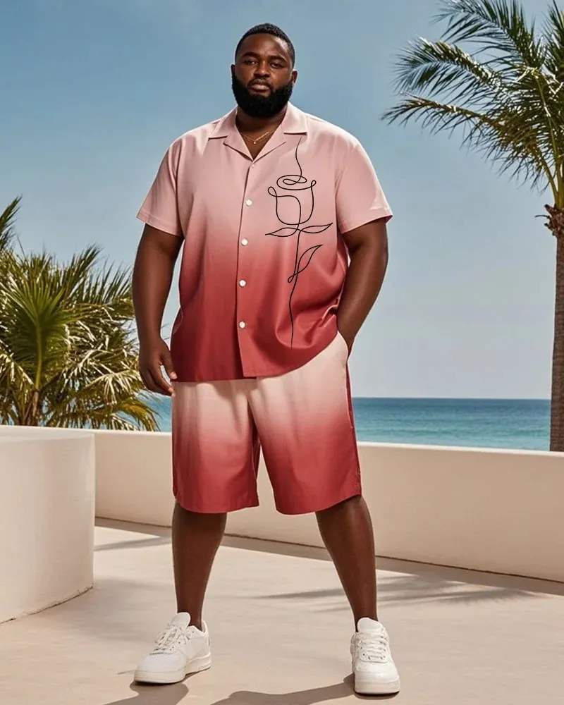 Big & Tall Men'S Hawaiian Vacation Red Gradient Line Rose Print Shirt Shorts Suit