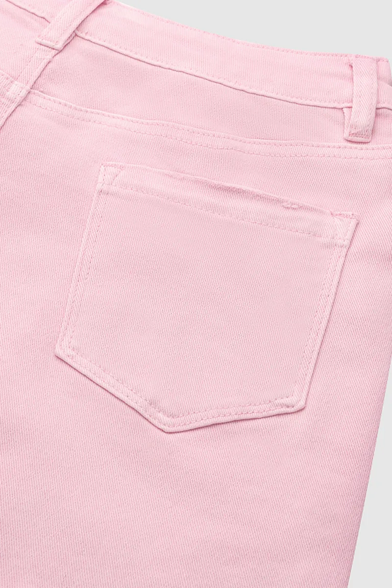 Solid Ripped Raw Hem Button Fly Mid Rise Denim Shorts